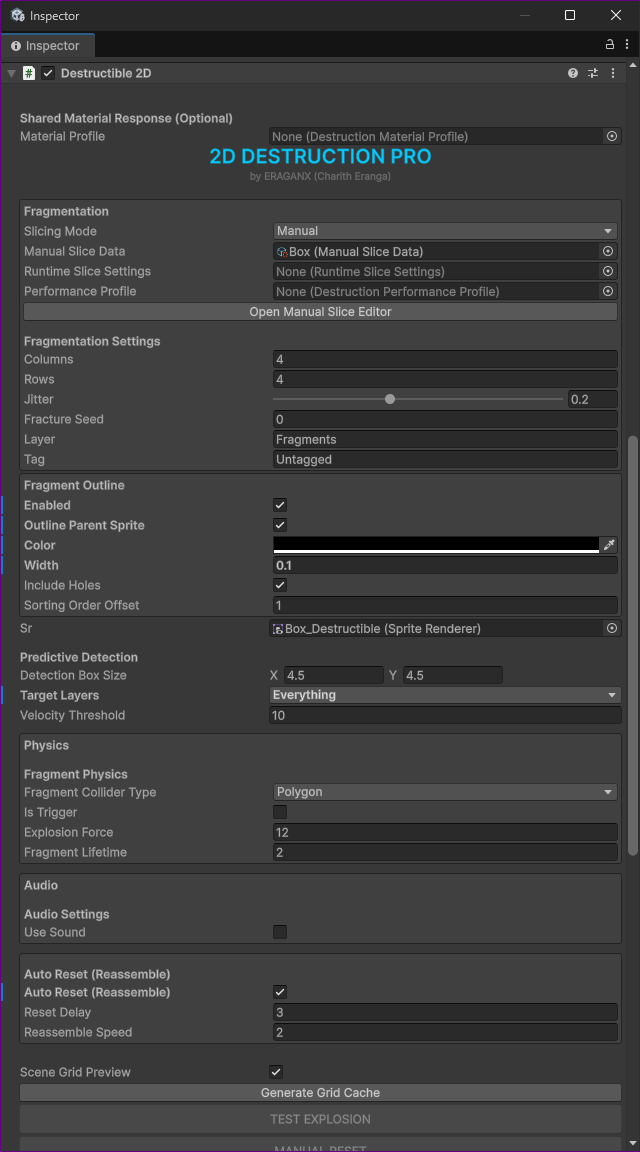Supplied Destructible 2D Inspector showing slicing data, Auto Grid fields, fragment outline, predictive detection, physics and reassembly sections
