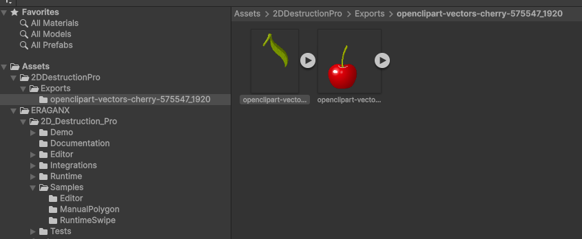 Unity Project window with exported fragment PNG Sprite assets in a source-specific export folder
