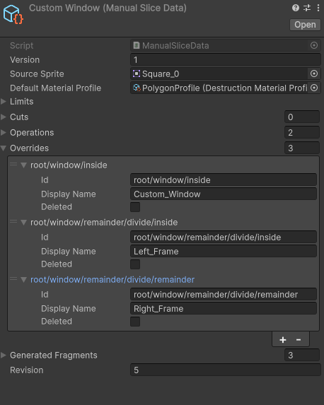 ManualSliceData Overrides with fragment IDs, display names and Deleted toggles