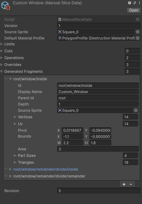 Generated Fragments entry showing parent, depth, source sprite, vertices, area, part slices and triangle data
