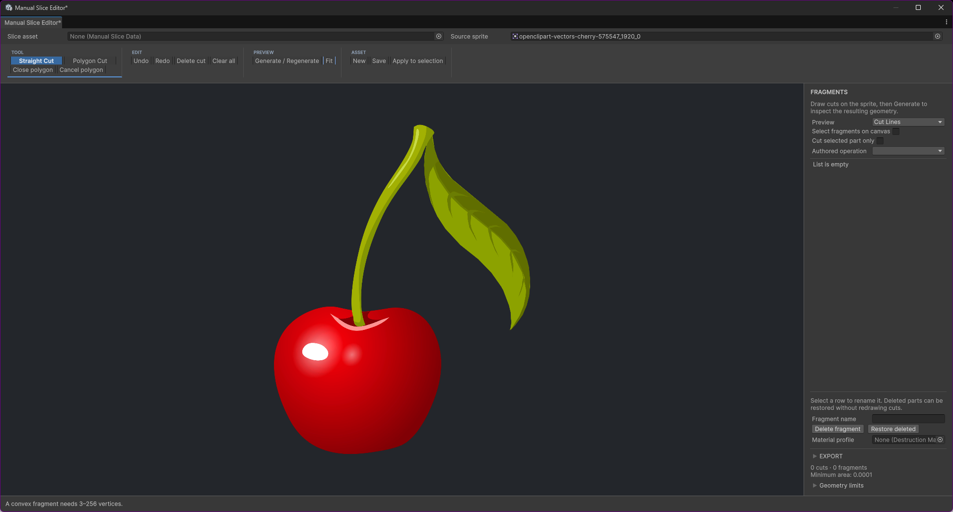 Manual Slice Editor with an uncut cherry source, top authoring toolbar and right-side fragment and export panels