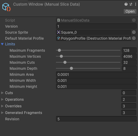 ManualSliceData Limits showing maximum fragments, vertices, cuts, depth and minimum area, width and height