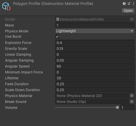 Destruction Material Profile Inspector showing Mass, Physics Mode, Use Burst, motion, lifetime, fade, scale-down and optional sound/material fields