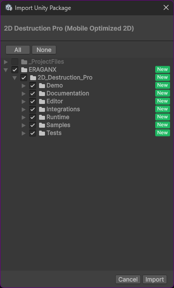 Unity package import dialog showing the 2D Destruction Pro folder tree and Import button