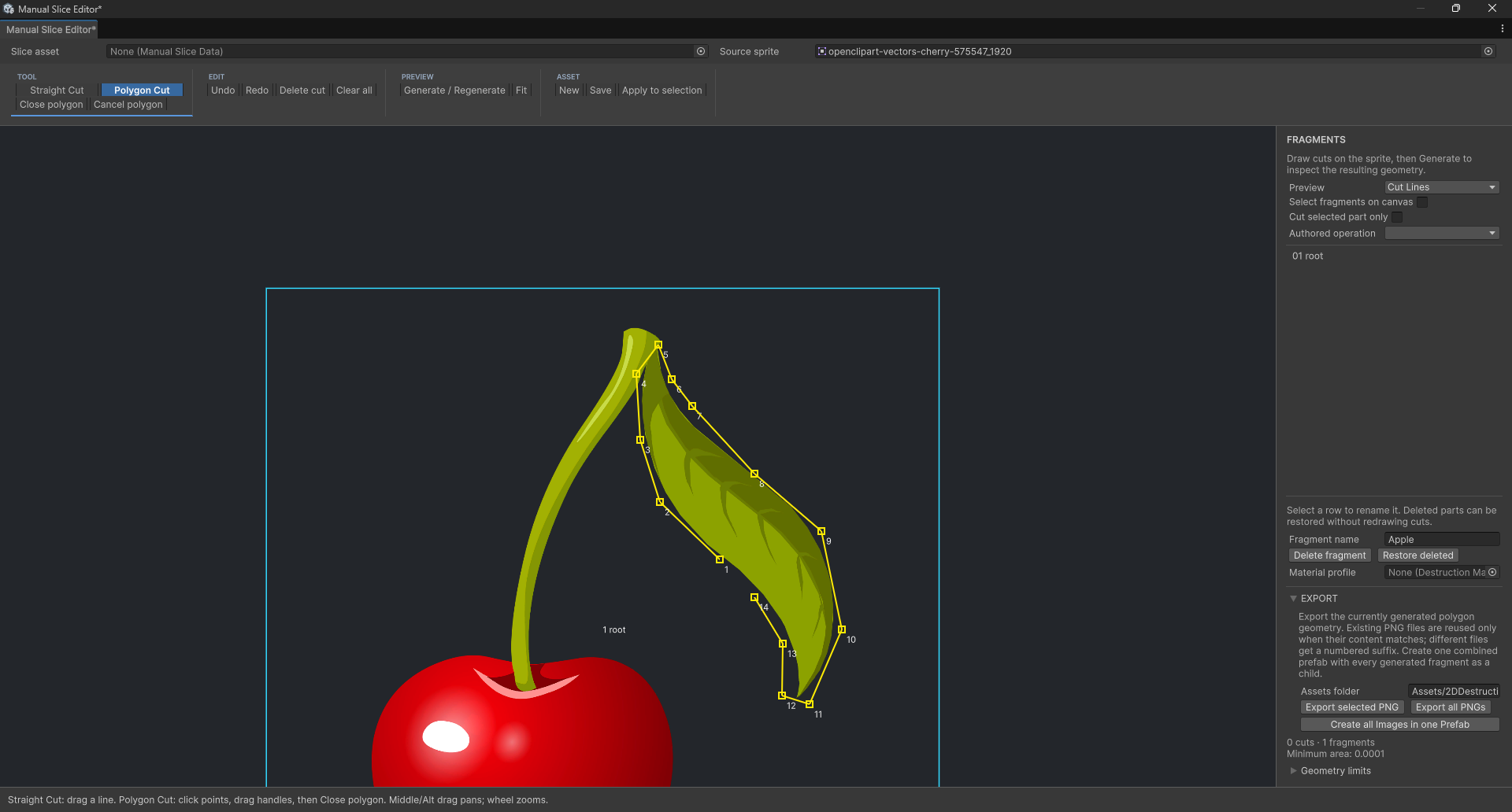 Manual Slice Editor Polygon Cut draft with numbered handles around a leaf region