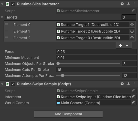 Runtime Slice Interactor with three explicit targets, force and stroke budgets plus Runtime Swipe sample camera and interactor references