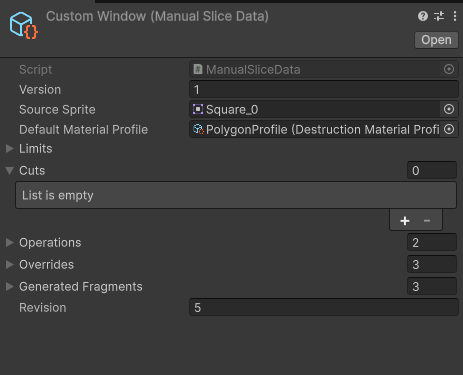 ManualSliceData with an empty Cuts list and two Operations in the supplied saved asset