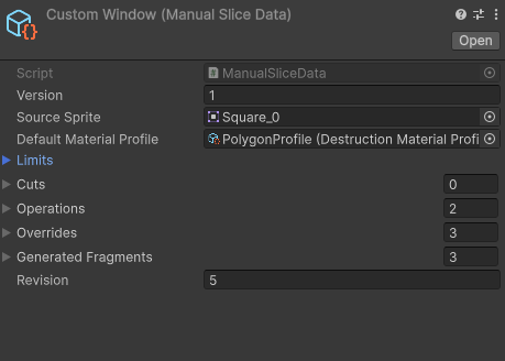Saved ManualSliceData asset with Source Sprite, Default Material Profile and collapsed data groups