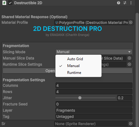 Destructible 2D Slicing Mode menu offering Auto Grid, Manual and Runtime