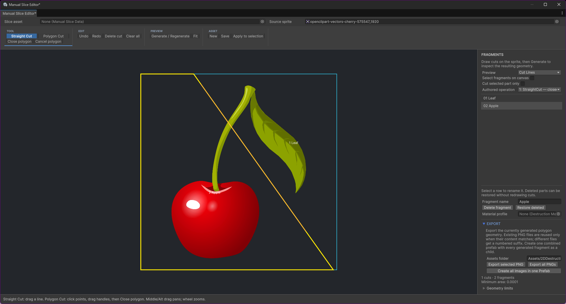 Manual Slice Editor with Straight Cut selected, a diagonal authored line and two named fragments