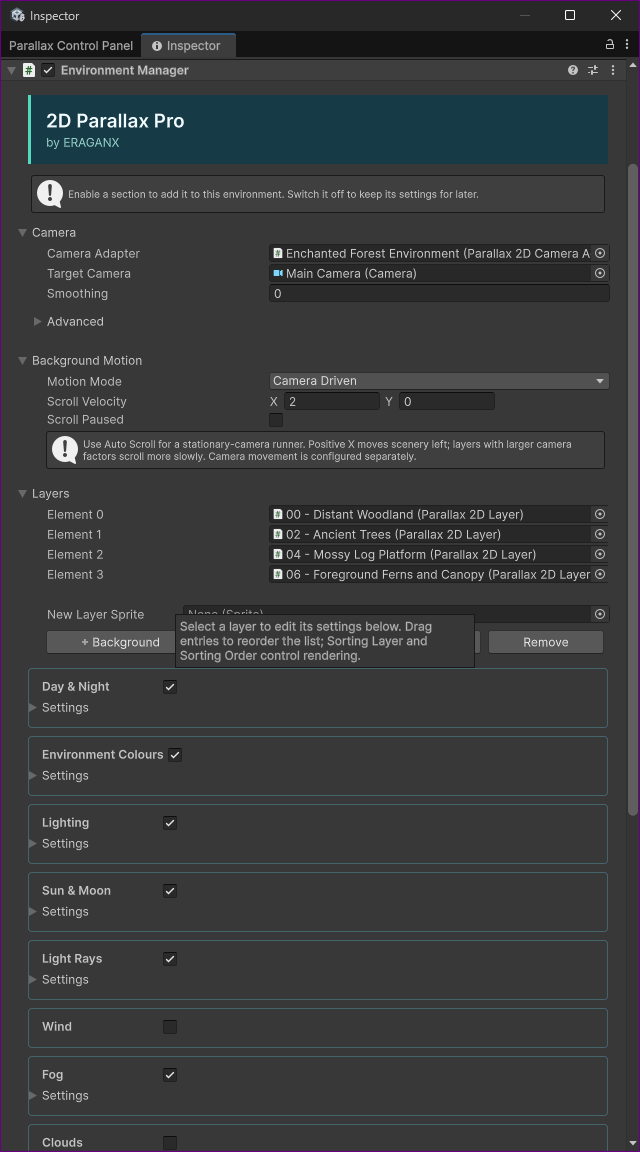 Supplied Control Panel reference with an authored environment, camera and layer list