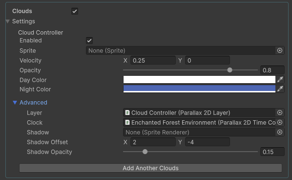 Supplied Clouds reference with layer/clock, velocity, opacity and optional shadow fields