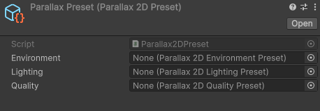 Supplied composite Parallax Preset reference with Environment, Lighting and Quality asset slots