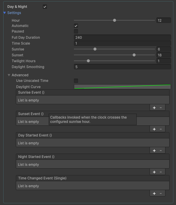 Supplied Day and Night UI reference with clock settings, daylight curve and UnityEvents