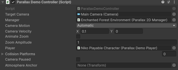 Supplied Parallax Demo Controller reference with camera motion, player, pause and atmosphere anchor