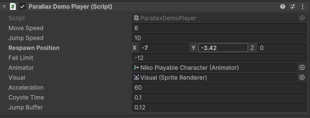 Supplied Parallax Demo Player reference with movement, jump, respawn, animator and visual settings