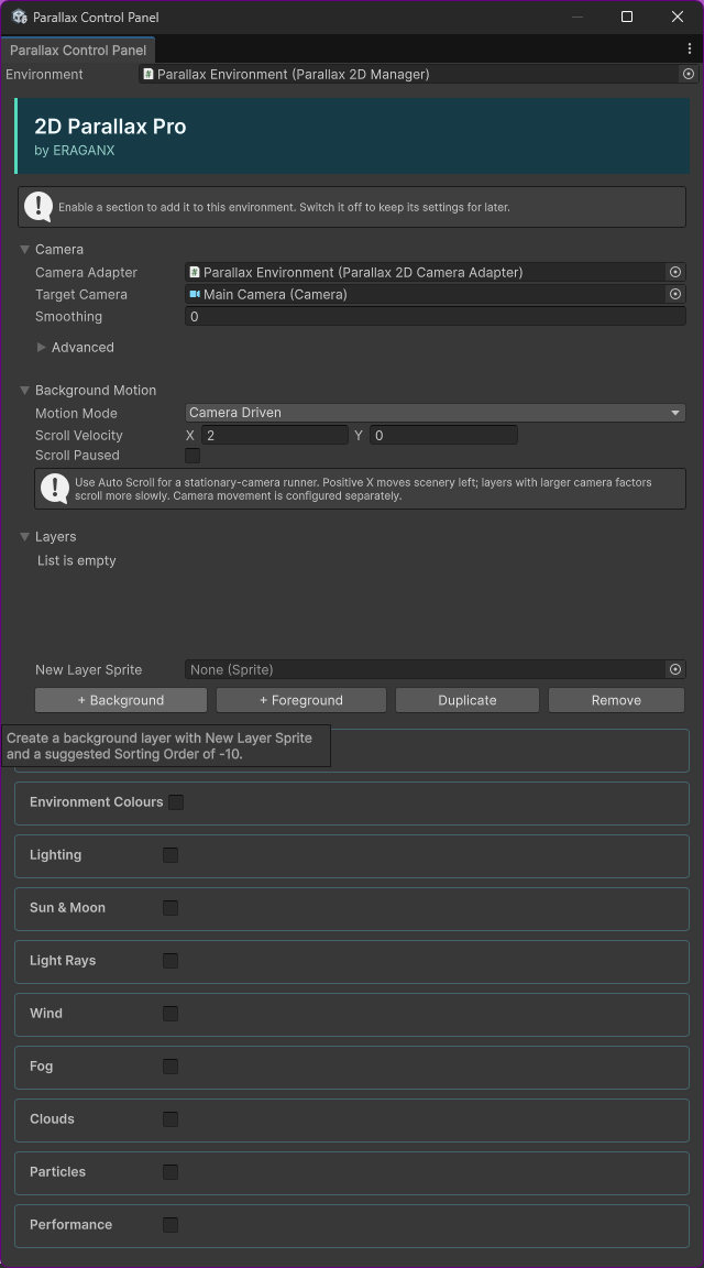 Supplied Control Panel reference with no authored layers yet