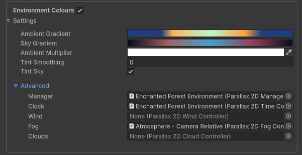 Supplied Environment Colours reference with ambient/sky gradients and assigned environment components