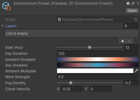 Supplied Environment Preset reference with layers, start time, gradients and weather settings