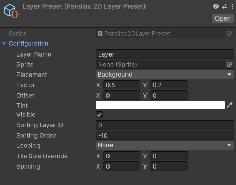 Supplied Layer Preset Inspector reference with factor, offset, tint, sorting and looping values