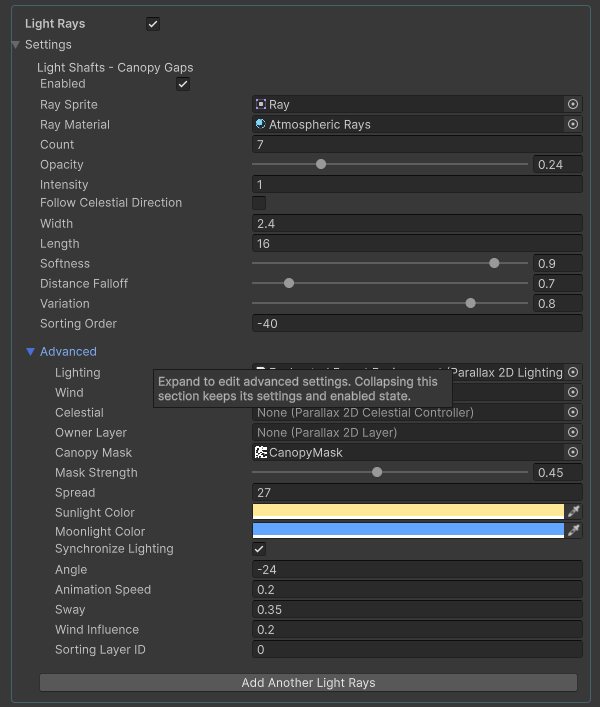 Supplied Light Rays reference with sprite/material, lighting, mask, direction and animation controls