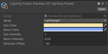 Supplied Lighting Preset reference with mode, colors, intensities and direction offset