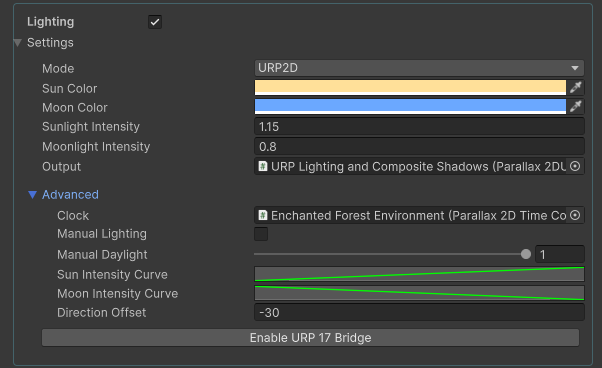 Supplied Lighting reference with URP2D mode, intensity controls and Output bridge assignment