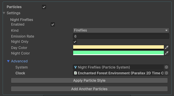 Supplied Particles reference with Fireflies, emission, Night Only, system/clock and Apply Particle Style