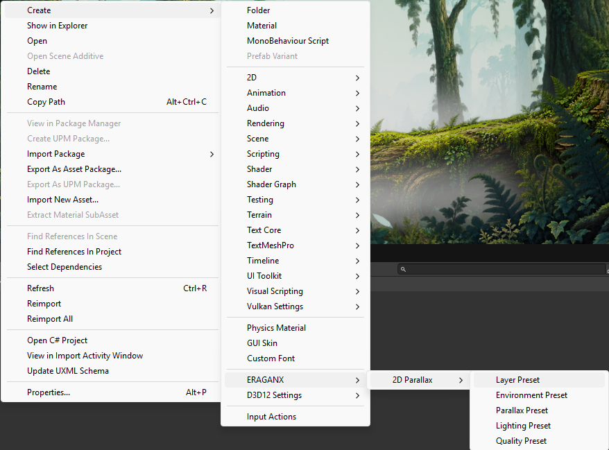 Supplied Project Create menu reference listing five 2D Parallax preset types