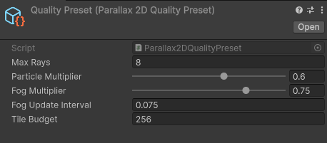 Supplied Quality Preset asset with ray, particle, fog, update interval and tile budgets