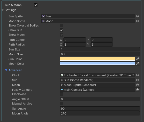 Supplied Sun and Moon UI reference with sprite assignments, ellipse path and clock/camera references