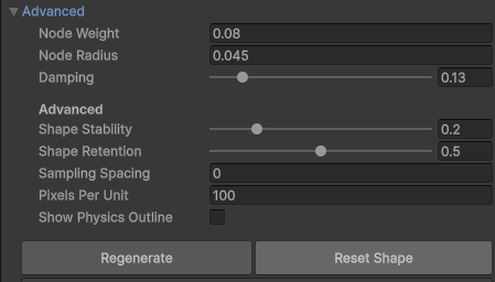 Advanced body settings including node weight, node radius, damping, physics outline, Regenerate and Reset Shape