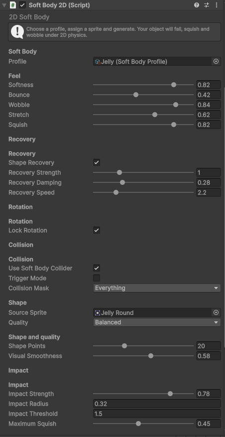 Soft Body 2D Inspector showing a Jelly profile, feel, recovery, collision and shape controls