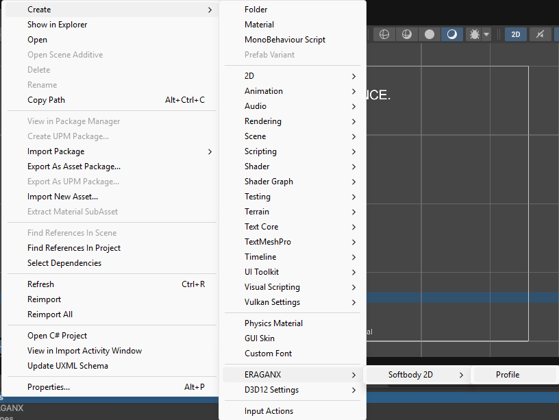 Unity Create menu showing ERAGANX, Softbody 2D and Profile