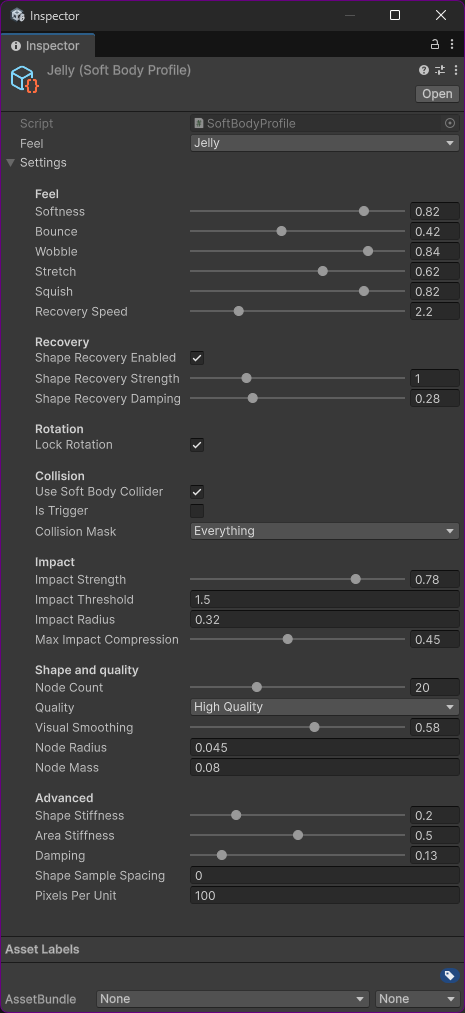 Soft Body Profile Inspector showing feel, recovery, collision, shape and advanced settings