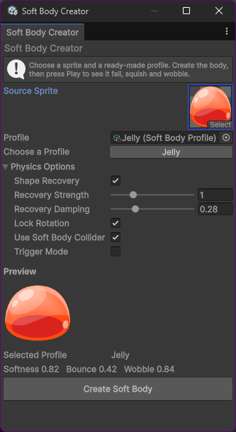 Soft Body Creator with a source Sprite, Jelly profile, recovery options and Create Soft Body button