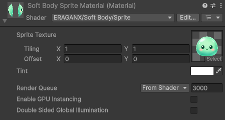 Soft Body Sprite Material Inspector with the ERAGANX/Soft Body/Sprite shader, Sprite Texture and Tint
