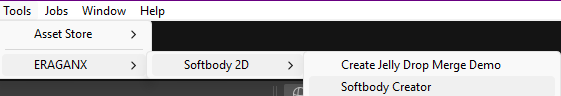 Unity Tools menu with ERAGANX, Softbody 2D and the Softbody Creator command