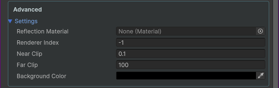 Advanced controls for material, renderer index, clip distances and background color