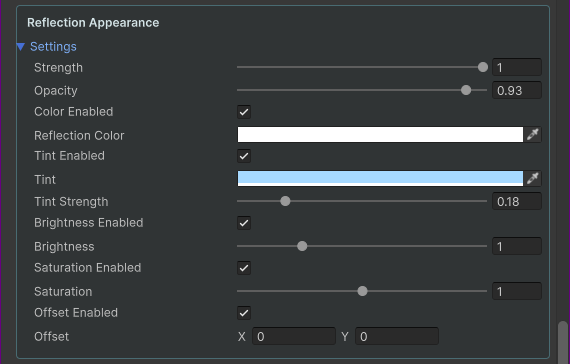 Reflection Appearance controls for visibility, color, tint, brightness, saturation and offset