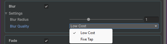 Blur Radius and Low Cost versus Five Tap blur quality choices