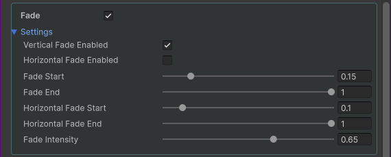Fade controls with independent vertical and horizontal ranges and intensity
