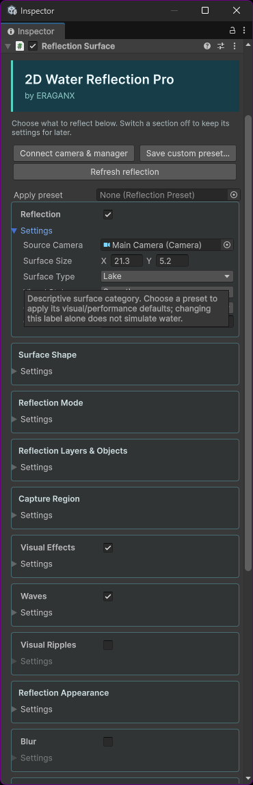 Complete Reflection Surface Inspector overview with camera, effects and performance sections