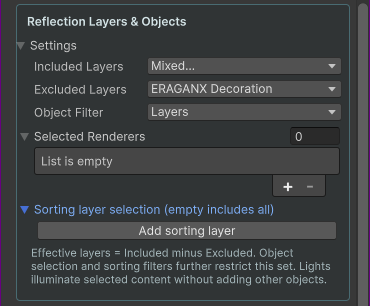 Reflection Layers and Objects controls, selected renderers and sorting-layer restrictions