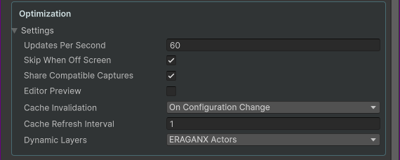 Optimization settings for update rate, off-screen skipping, sharing, preview and caching