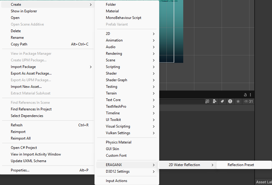 Project Create menu path for a 2D Water Reflection Preset asset