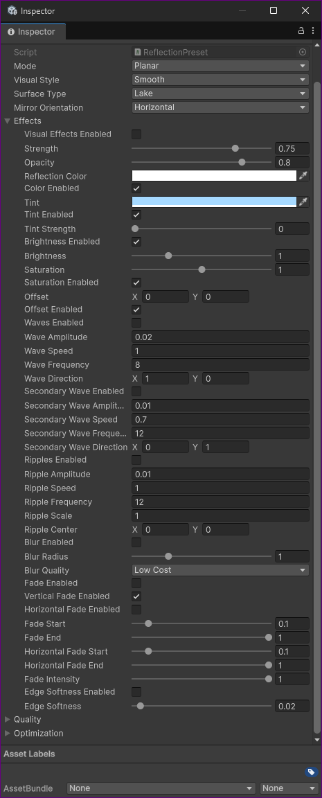 Reflection Preset Effects inspector with stored appearance and distortion settings