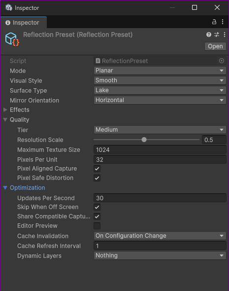 Reflection Preset Quality and Optimization groups, including scene-specific Dynamic Layers
