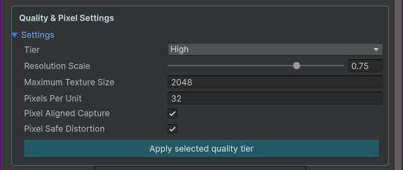 Quality and Pixel Settings with tier values and Apply selected quality tier button