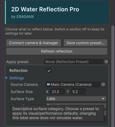 Reflection section with Source Camera, Surface Size, Surface Type and toolbar